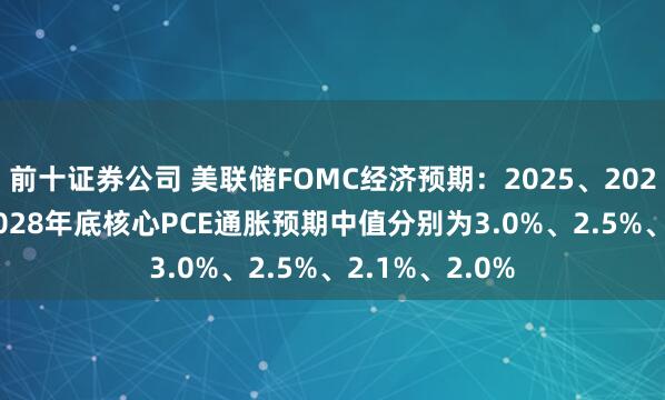 前十证券公司 美联储FOMC经济预期：2025、2026、2027、2028年底核心PCE通胀预期中值分别为3.0%、2.5%、2.1%、2.0%